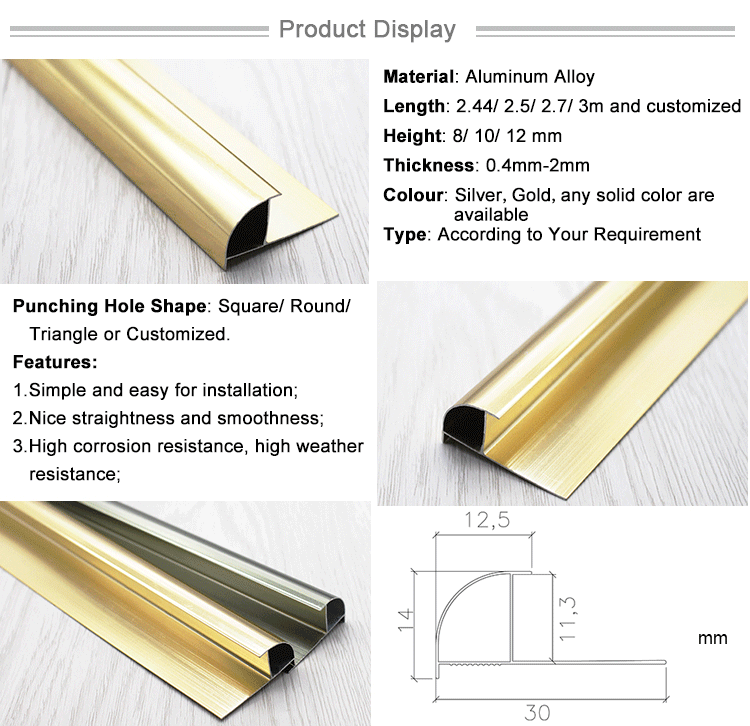 Golden Aluminium Tile Decoration Trim 3Mm